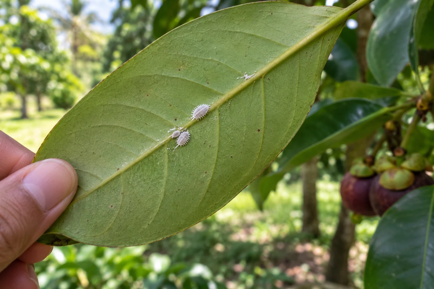 Illustrative tiny mealybugs along a mangosteen leaf vein