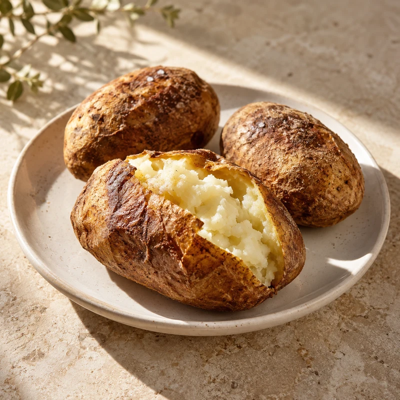 Illustrative baked potato on a ceramic plate