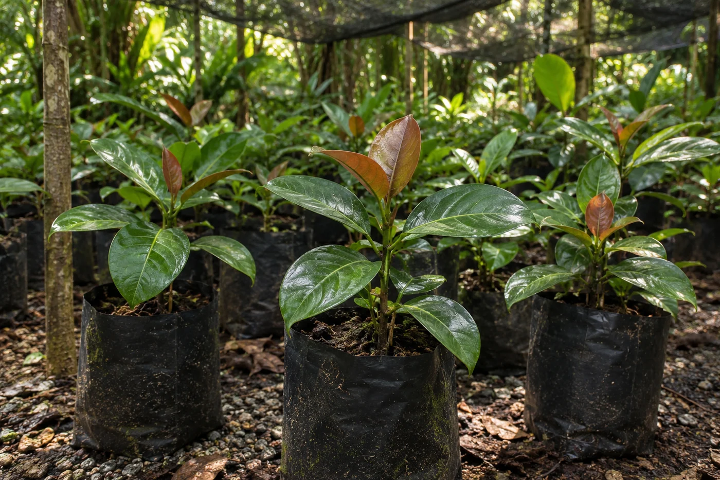 Illustrative young mangosteen plants in a shaded tropical nursery