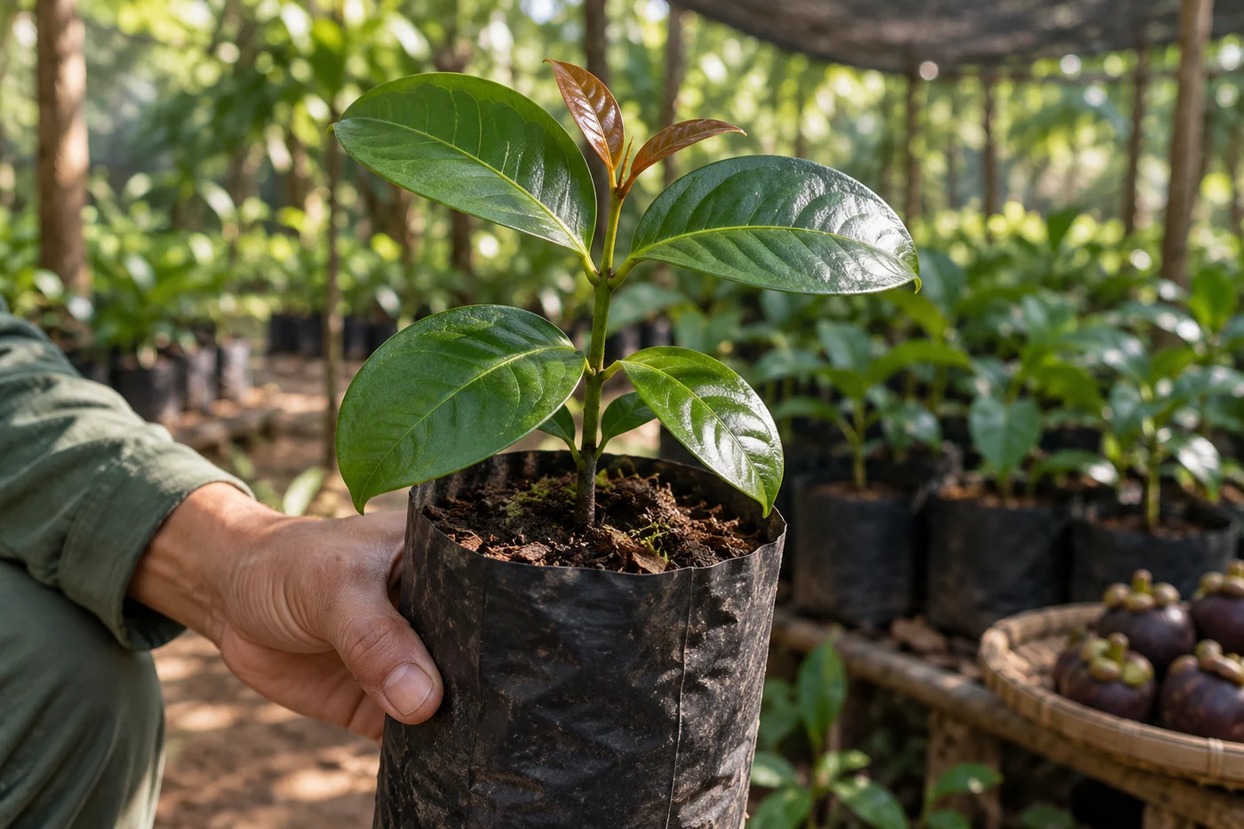 Illustrative mangosteen seedling supported in a nursery bag