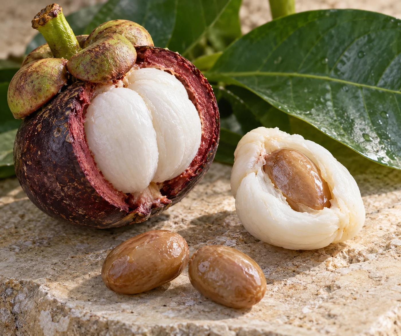 Illustrative opened mangosteen fruit, fleshy segment and fresh seeds