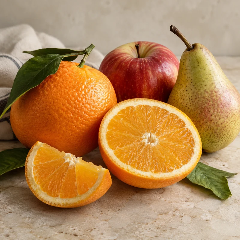 Illustrative food photograph: Oranges, apple and pear