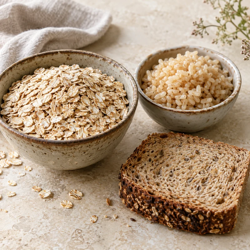 Illustrative food photograph: Oats, brown rice and wholegrain bread