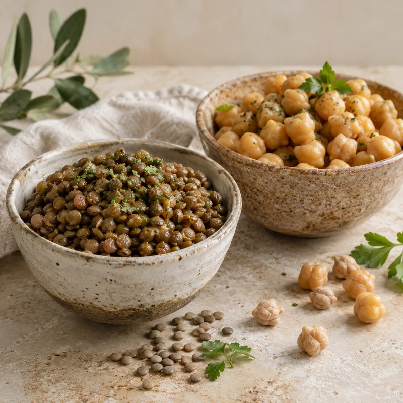 Illustrative lentils and chickpeas in ceramic bowls