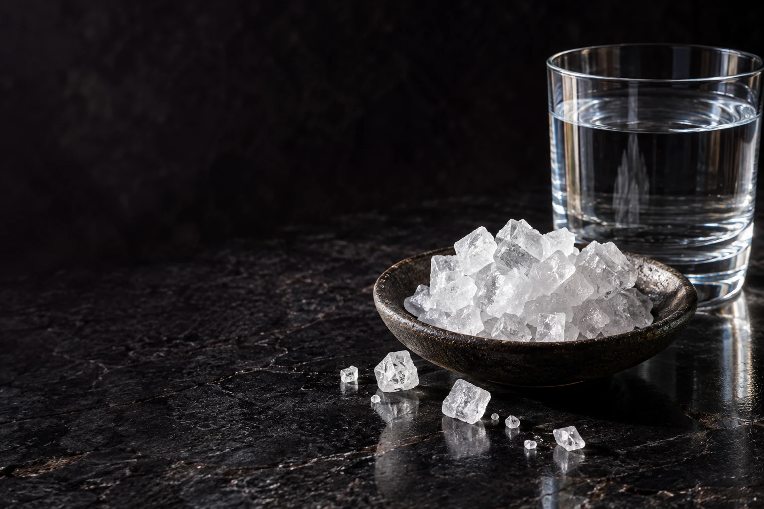 Editorial photograph-style illustration of recognizable salt crystals and a glass of water