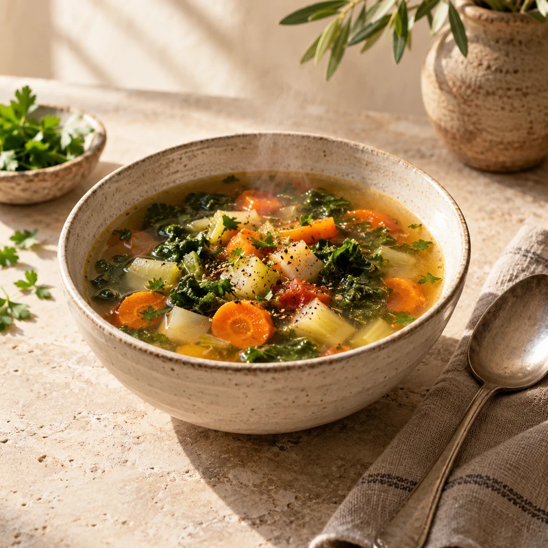 Illustrative bowl of vegetable soup