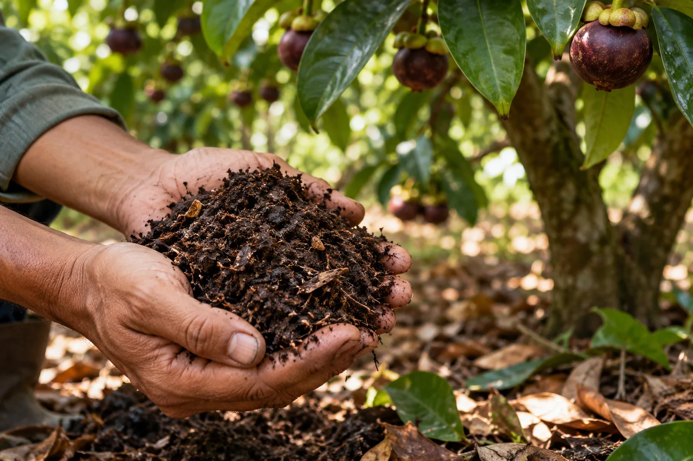 Illustrative hands holding crumbly orchard soil