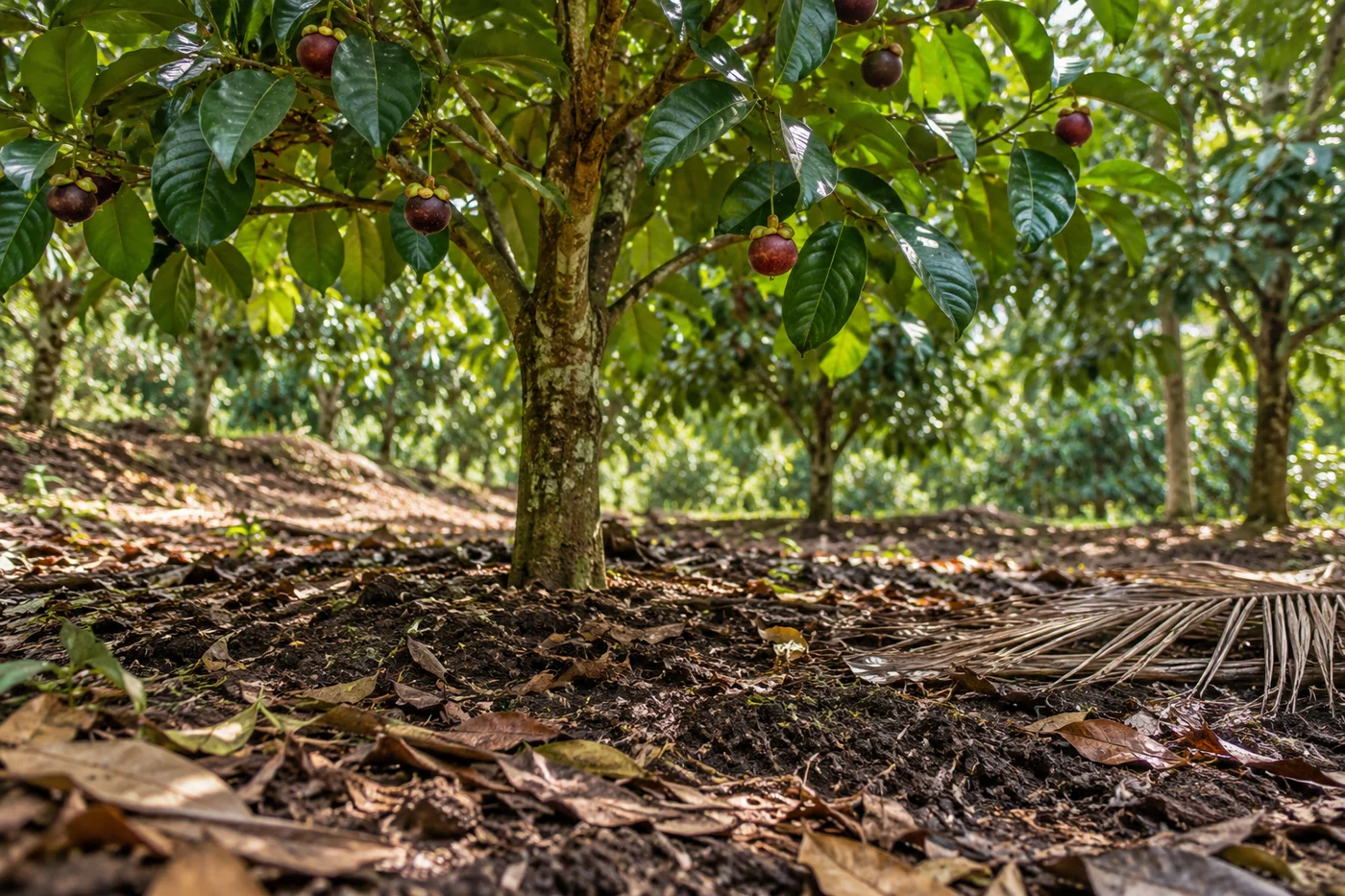 Illustrative organic surface cover on moist orchard soil around a young mangosteen tree