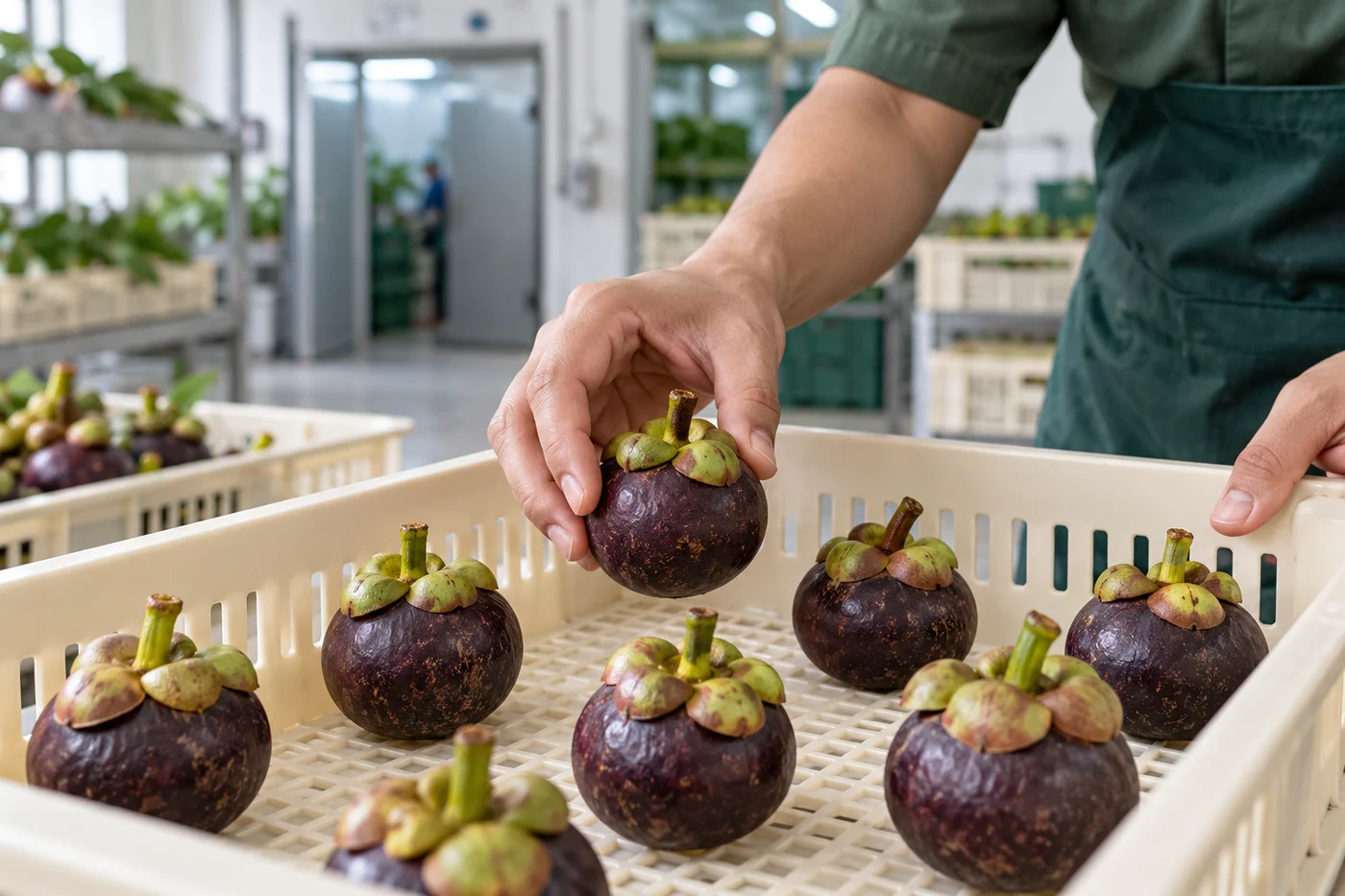 Illustrative careful packing of mangosteen fruit