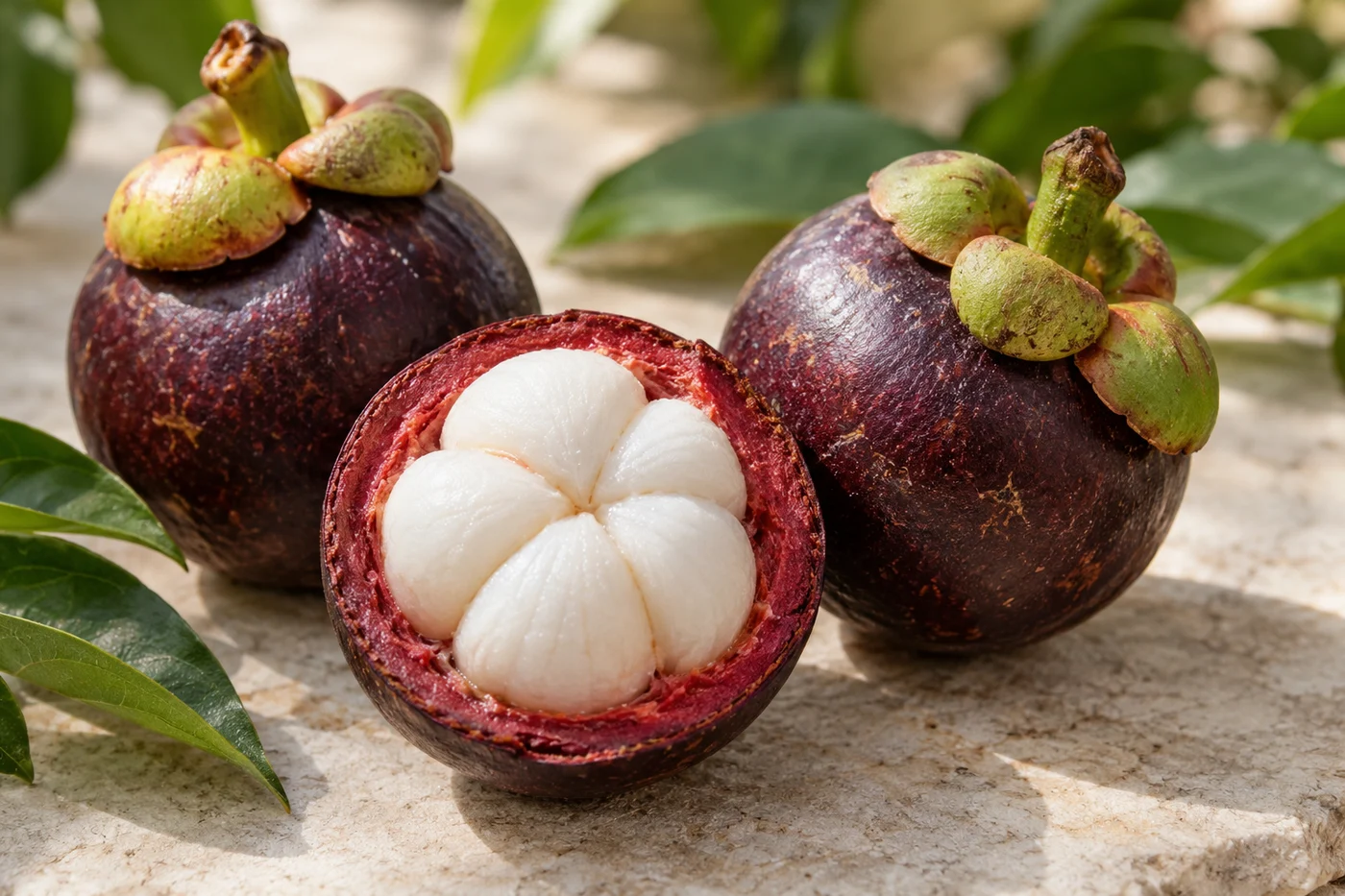 Illustrative opened mangosteen showing white segmented flesh and its purple-red pericarp