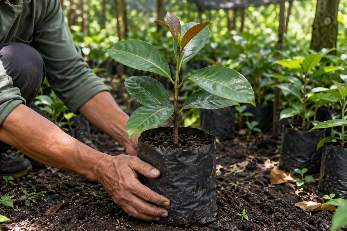 Illustrative mangosteen seedling supported gently in an intact nursery bag
