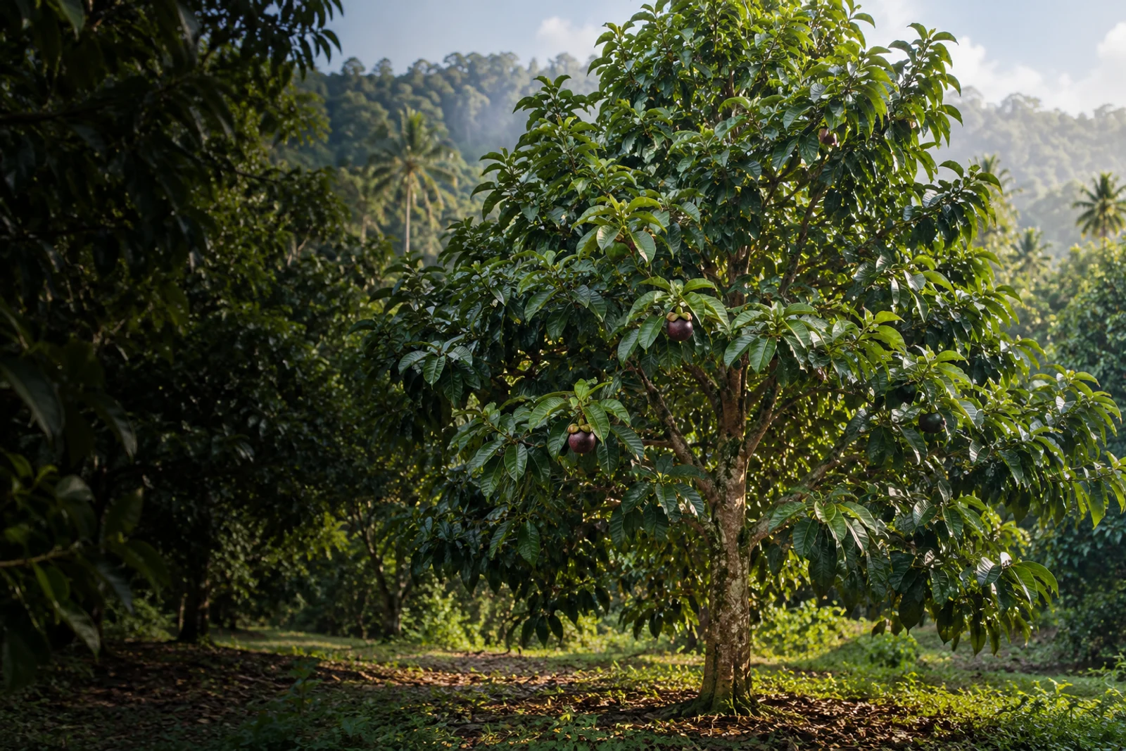 Illustrative mangosteen tree in a tropical orchard