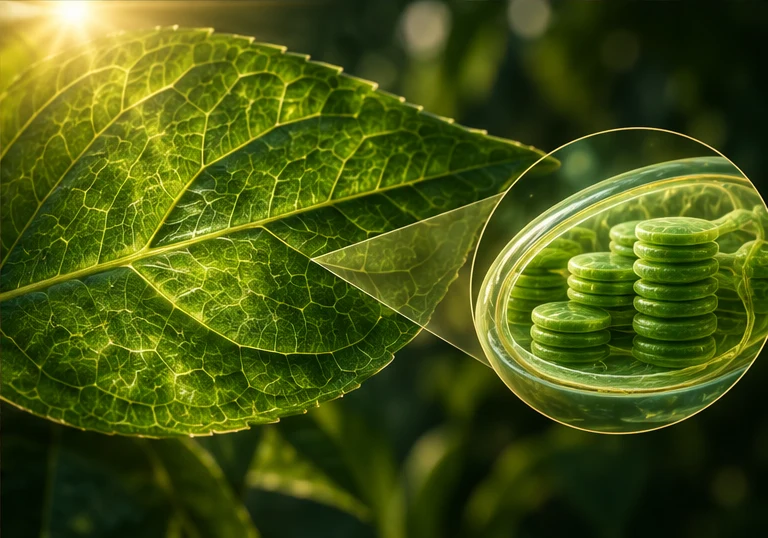Conceptual leaf and chloroplast illustration showing green thylakoid stacks