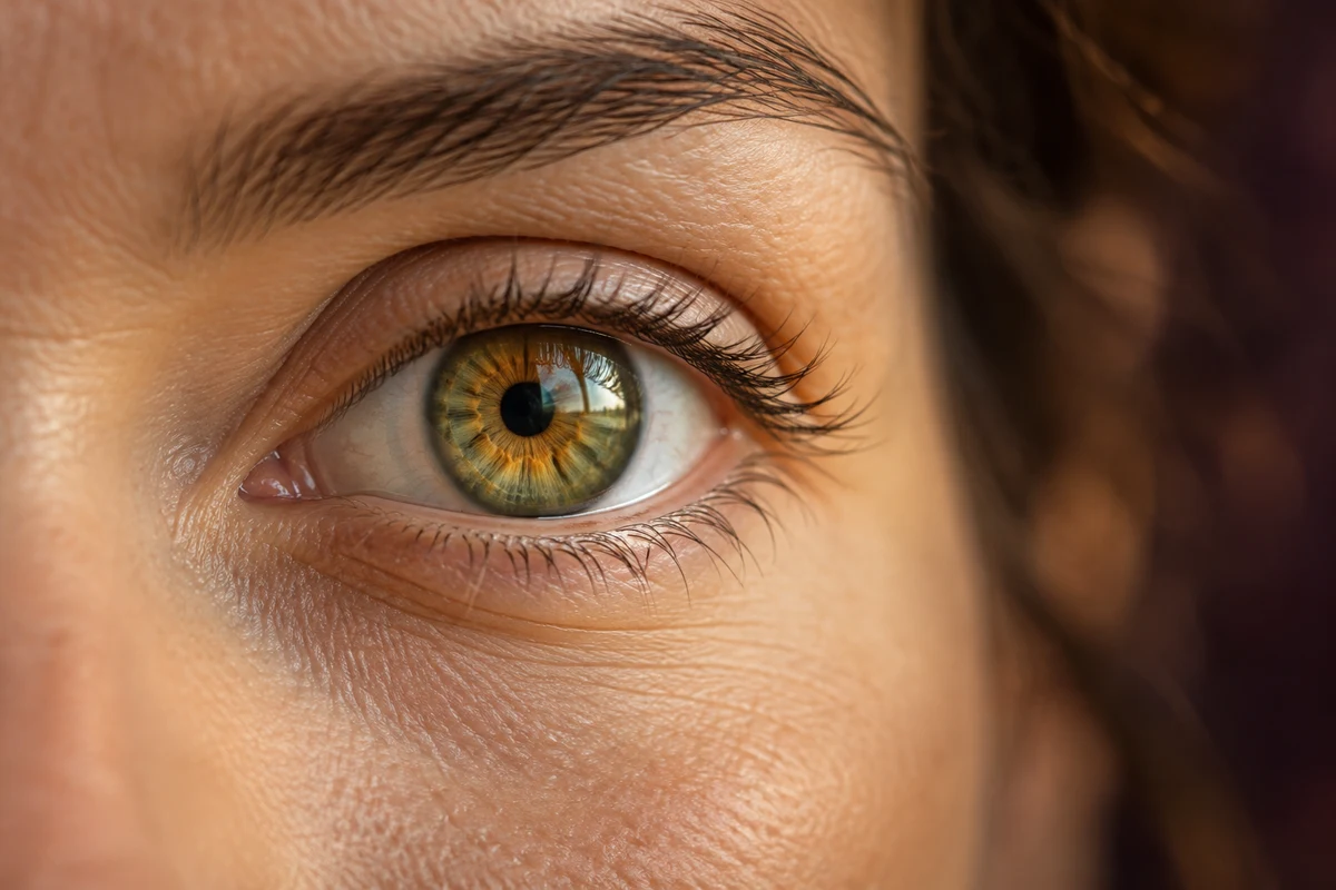 Editorial illustration of a healthy hazel-green human eye in natural light
