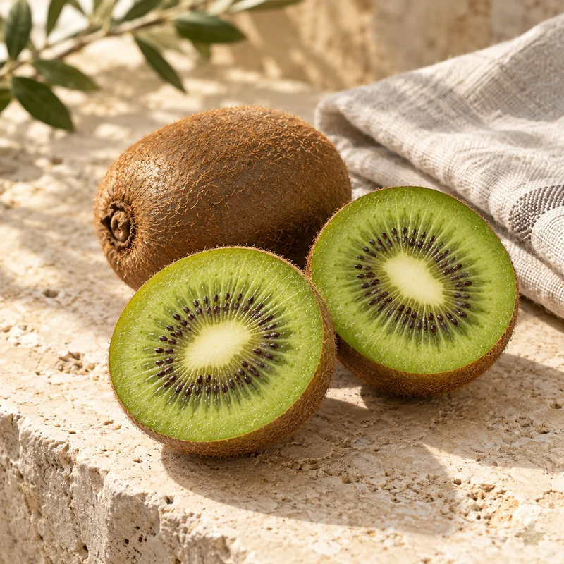 Illustrative whole and sliced green kiwi fruit on limestone