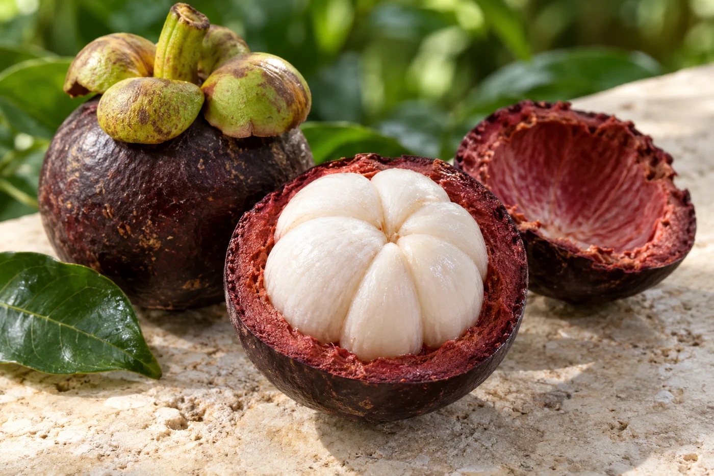 Opened mangosteen showing white segments and thick purple pericarp