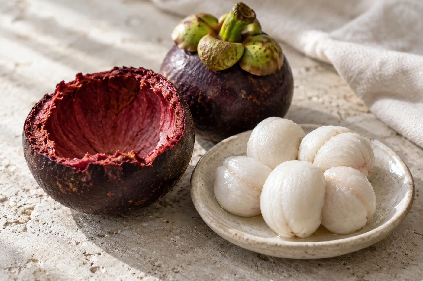 Illustrative mangosteen anatomy: an empty purple rind on the left and separated white edible segments on the right