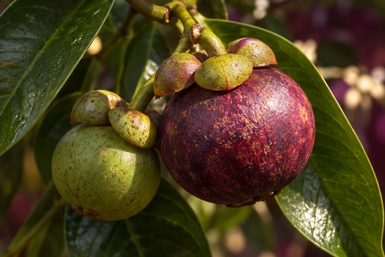 Illustrative mangosteen fruit growing on a leafy branch