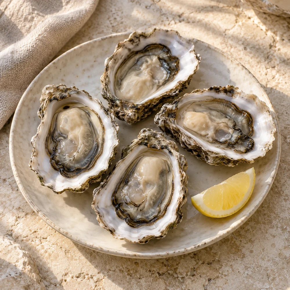 Illustrative opened oysters on a ceramic plate with lemon