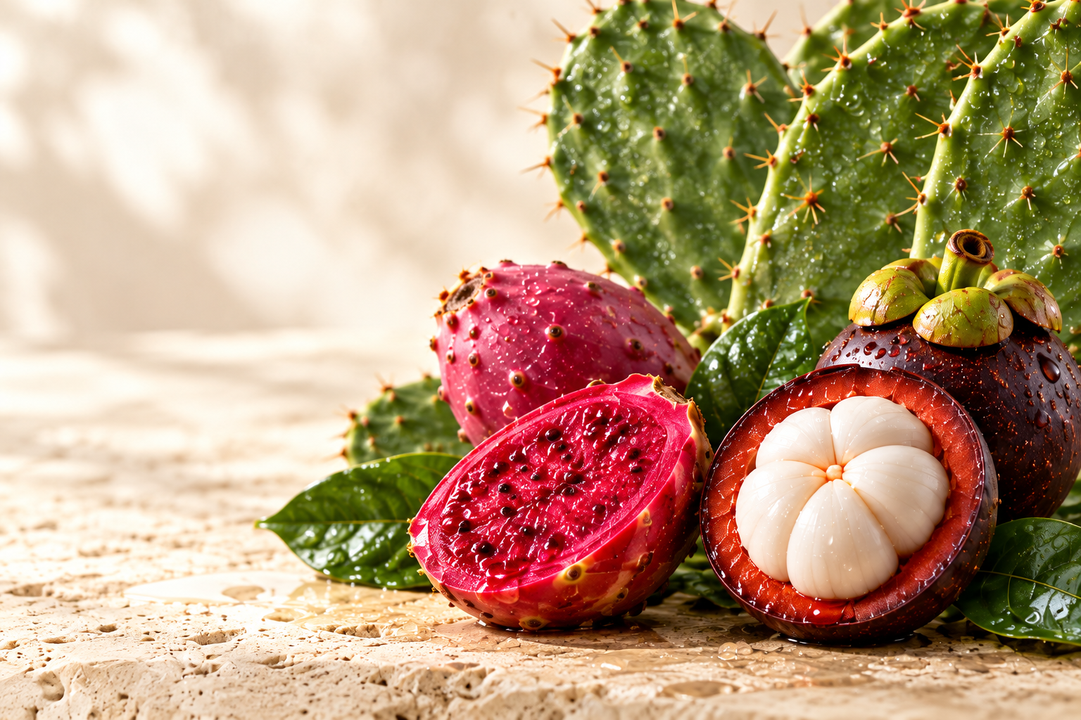 Illustrative botanical still life of nopal, prickly pear and mangosteen
