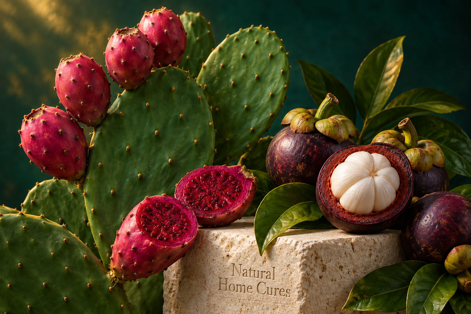 Illustrative botanical still life of nopal cactus, prickly pear and mangosteen in emerald and gold light