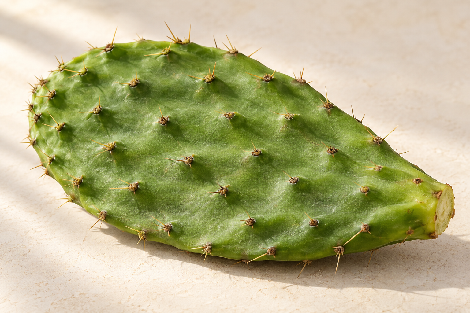 Illustrative green nopal cactus pad on a pale stone surface