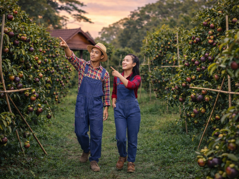 Orchard workers examining mangosteen trees among rows of fruit