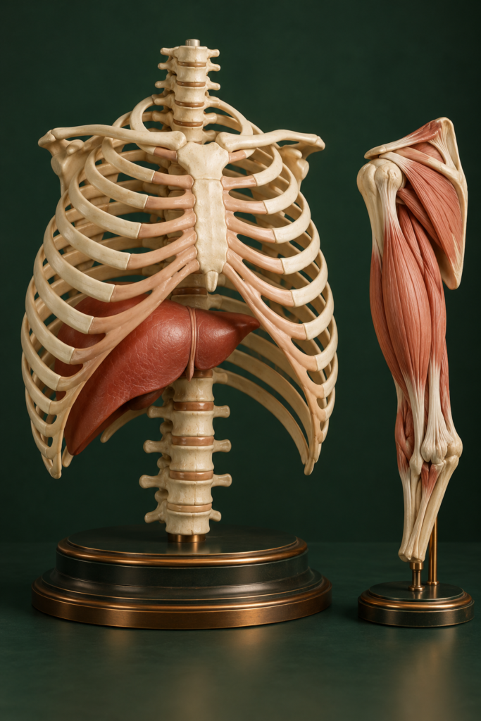 Illustrative anatomical teaching models showing the liver beneath the ribs and a separate upper-arm muscle