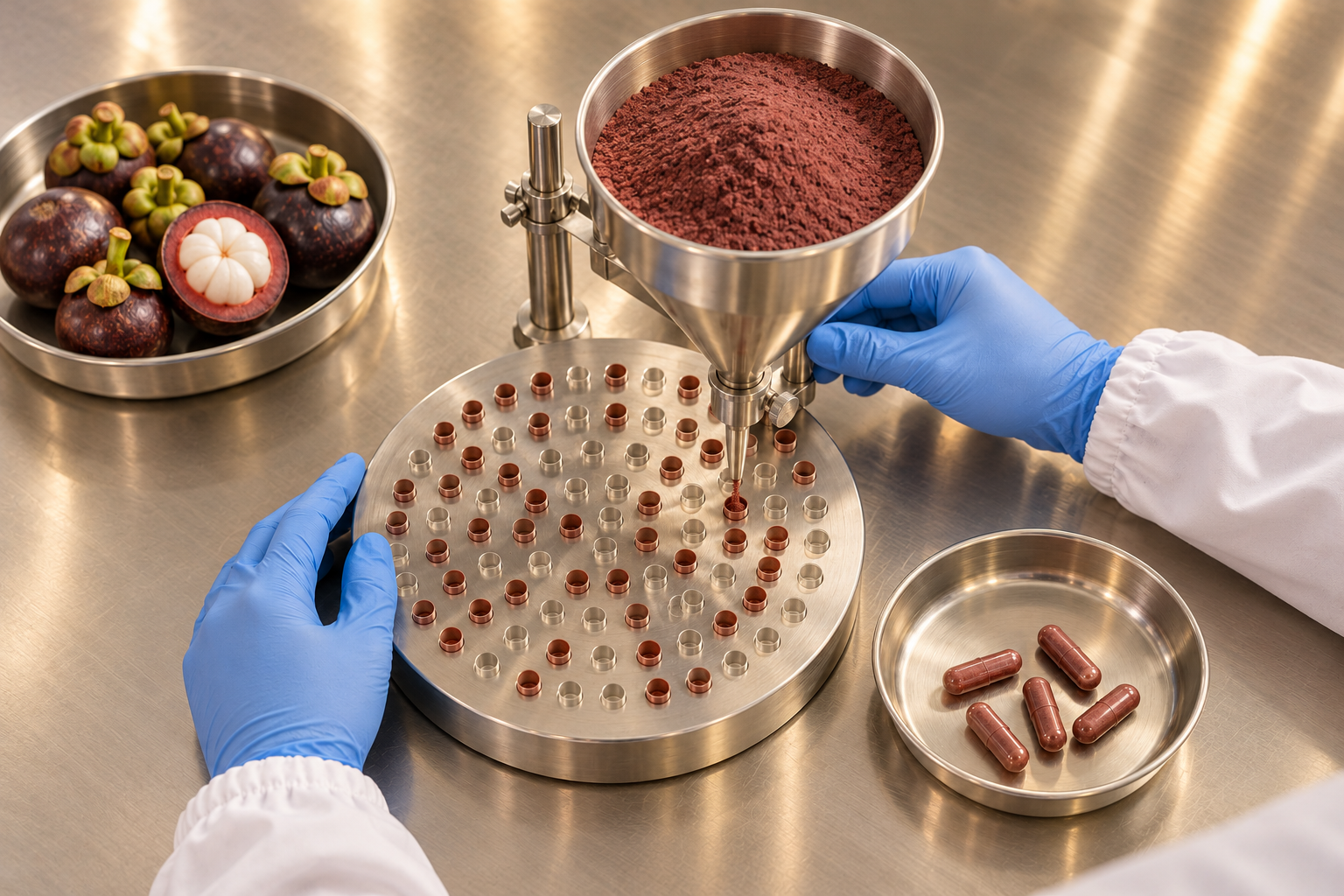 Illustration showing the full pericarp powder hopper and small capsule bodies seated in a filling plate beside finished capsules