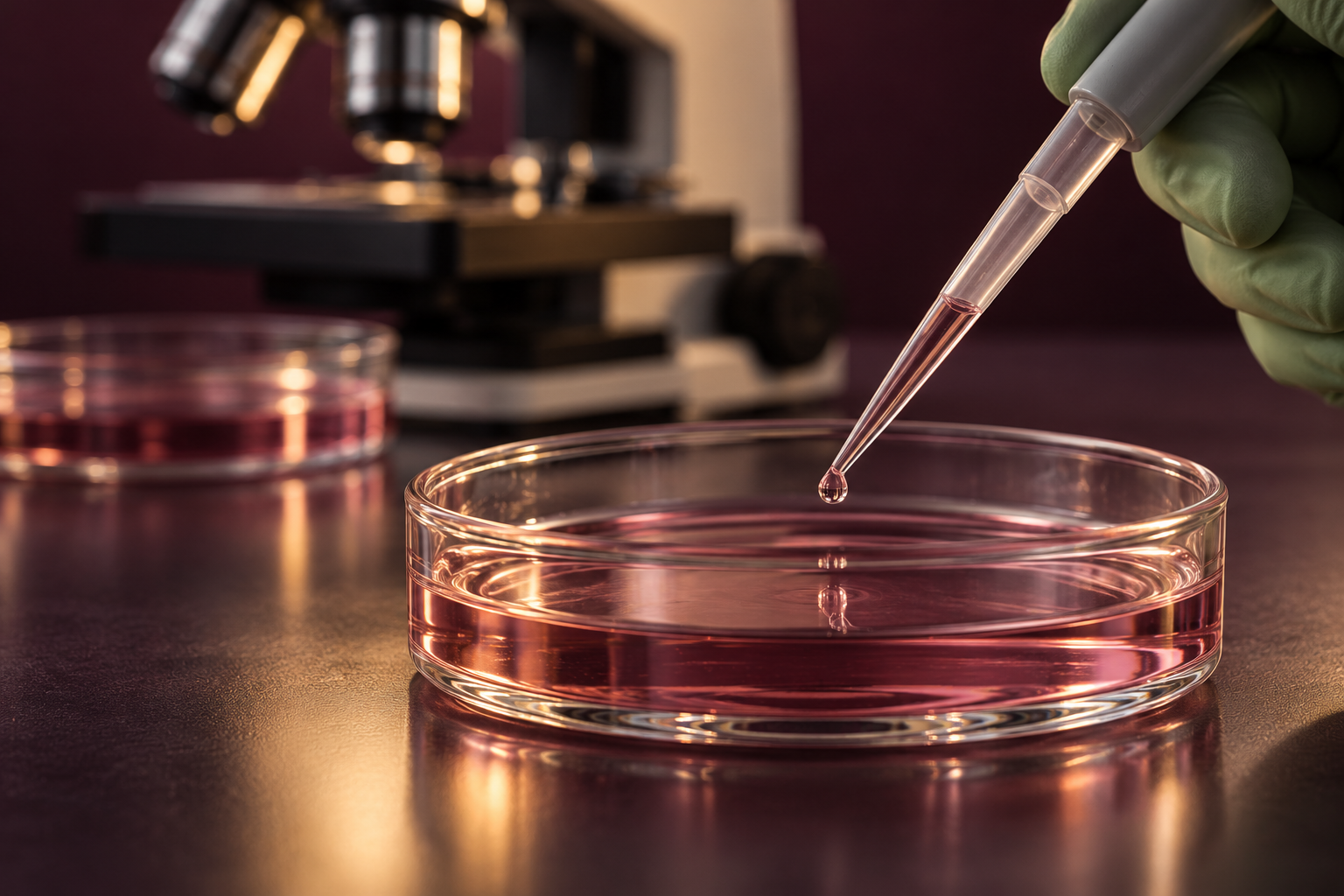illustrative cell-culture laboratory scene with pipette and culture dish