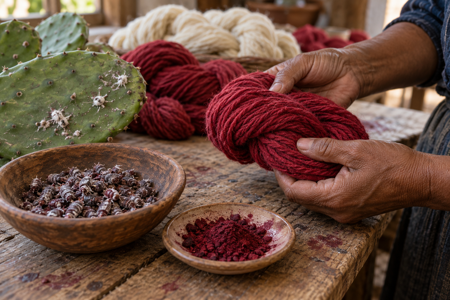 Illustrative scene of an artisan holding crimson yarn beside cochineal, dye powder and Nopal.