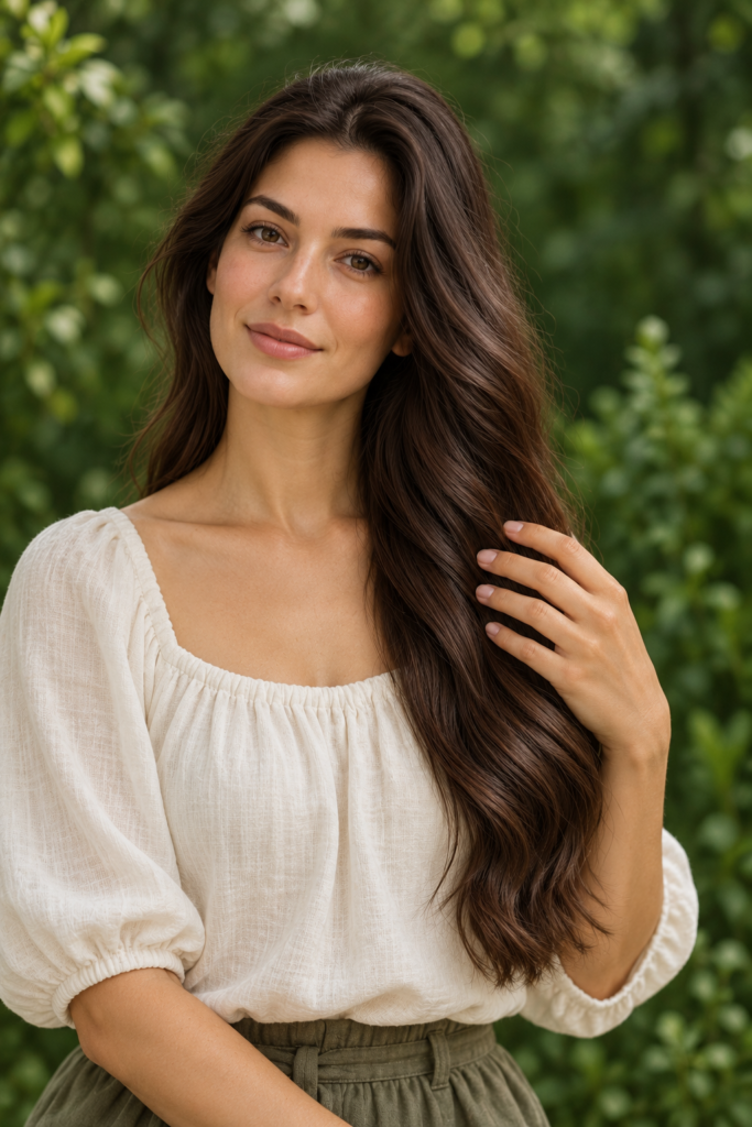 Illustrative portrait of an adult woman with long brown hair and a hand resting on her hair, showing natural fingernails