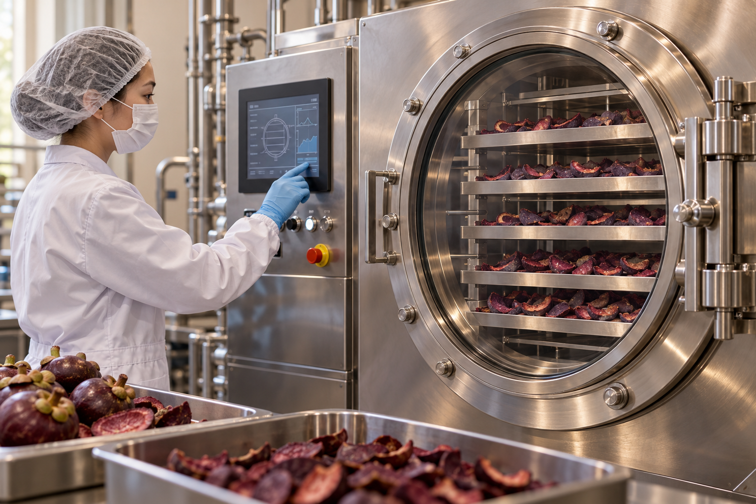 Illustration of an operator monitoring a closed freeze dryer with trays of mangosteen pericarp