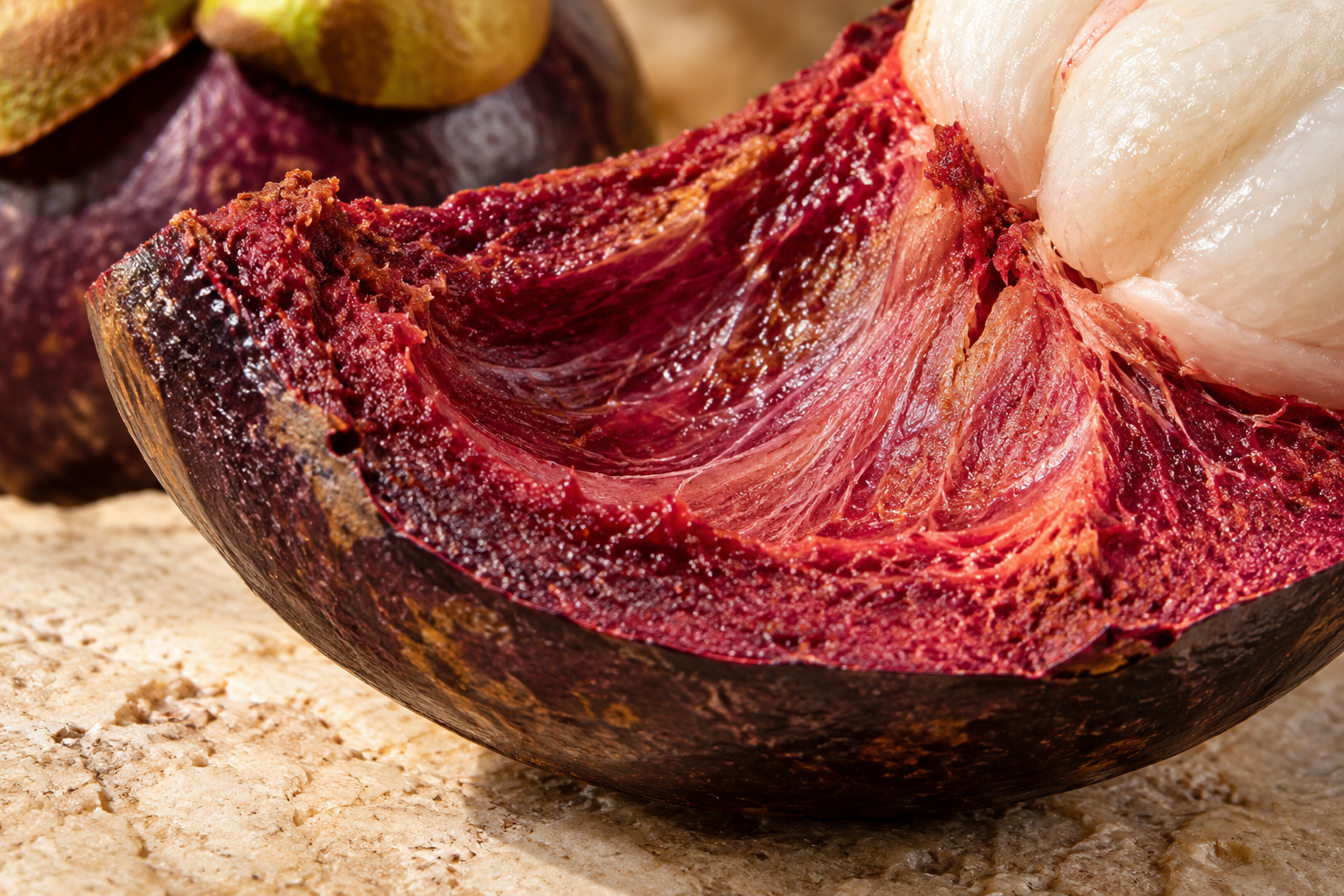 Editorial close-up of cut mangosteen pericarp showing its thick purple outer layer and inner tissue