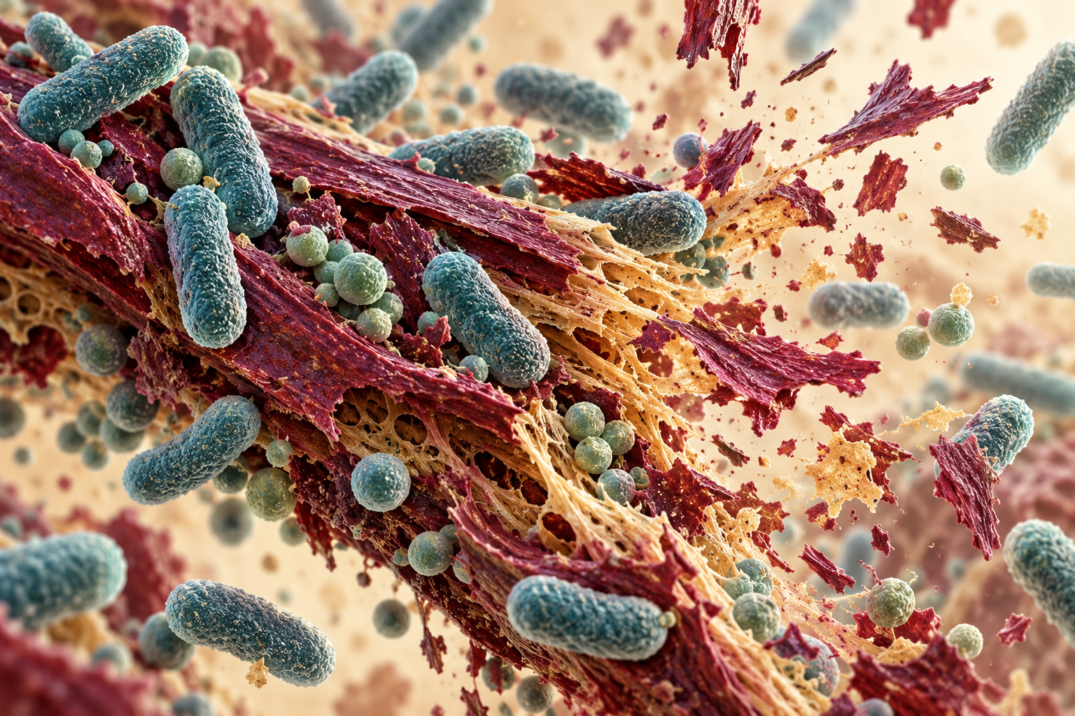 Detailed process illustration of gut microbes interacting with plant fiber fragments