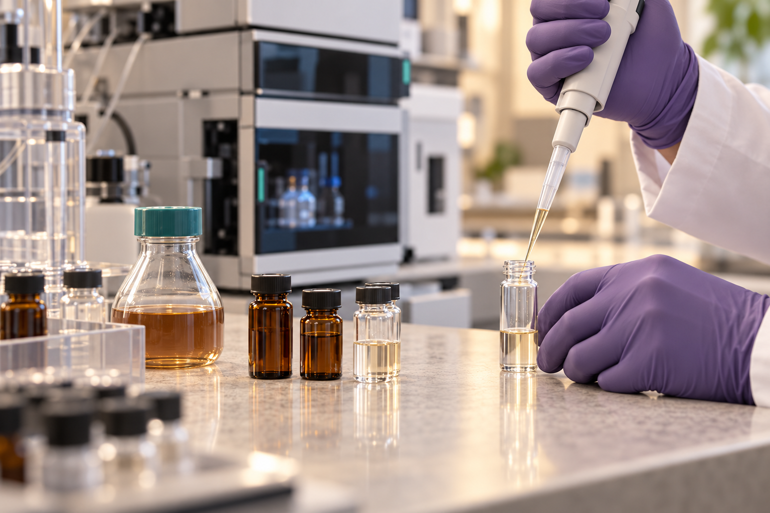Editorial laboratory scene showing preparation of liquid samples for chemical analysis