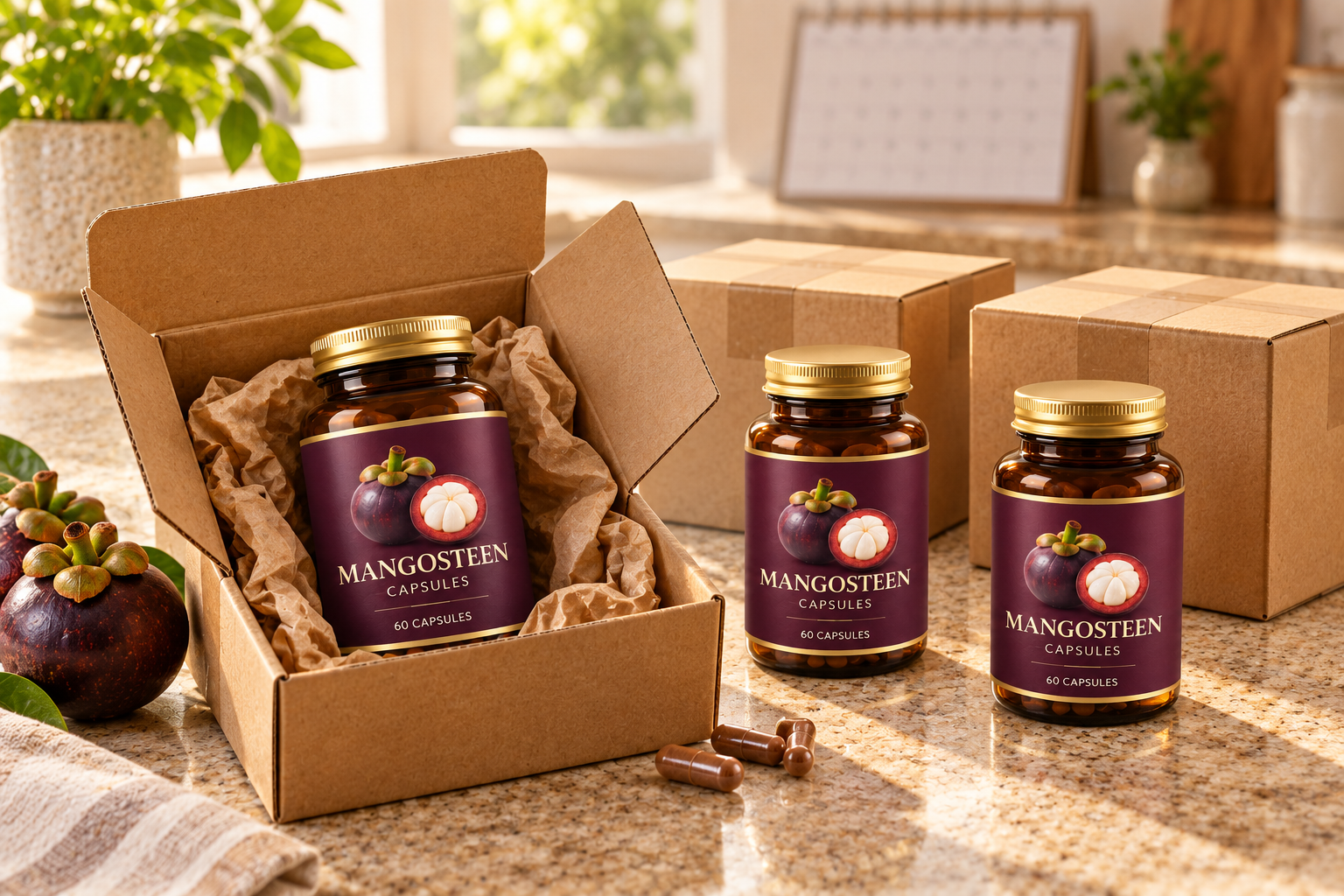 Illustrative recurring deliveries of the same fictional plum-label mangosteen capsule bottles shown in the offer, packed in kraft cartons