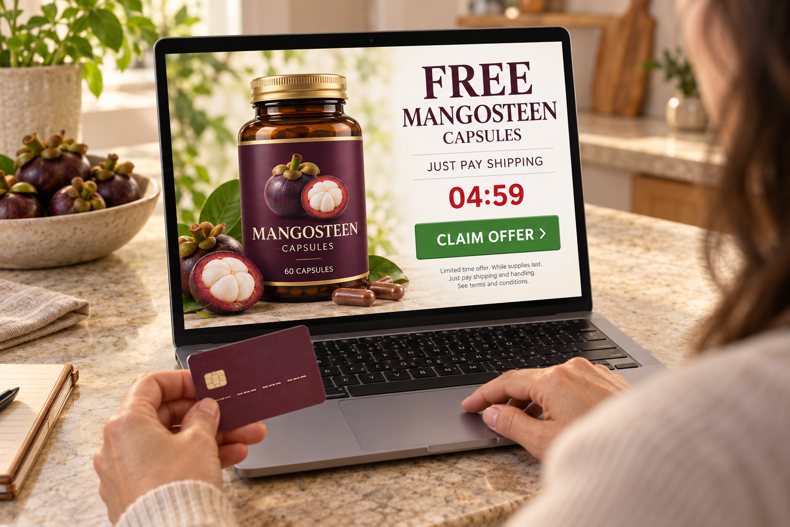 Illustrative capsule offer showing a fictional plum-label mangosteen capsule bottle on a laptop screen and a generic credit card with placeholder marks