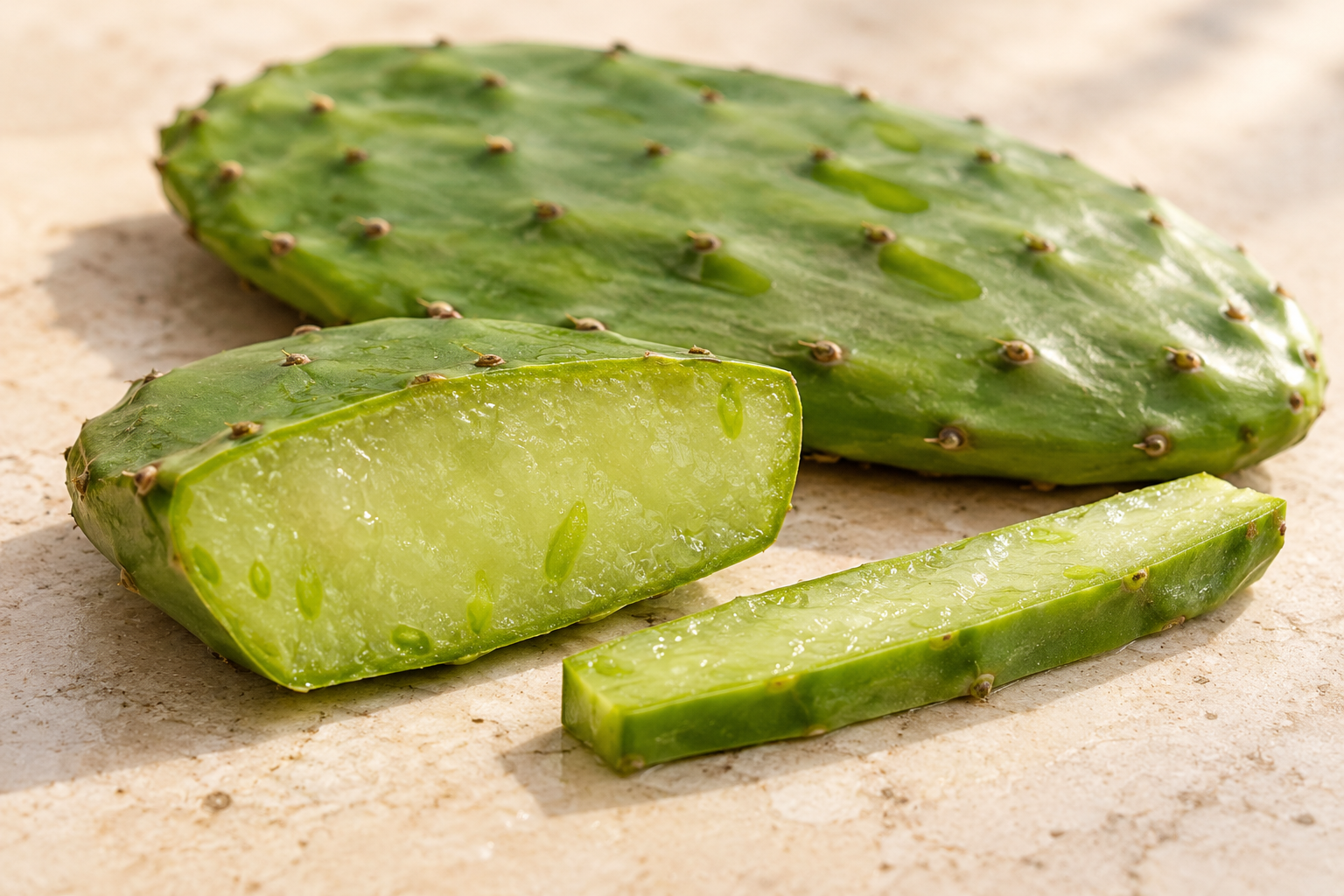 Botanical illustration of a cut Nopal pad showing its moist pale-green interior.