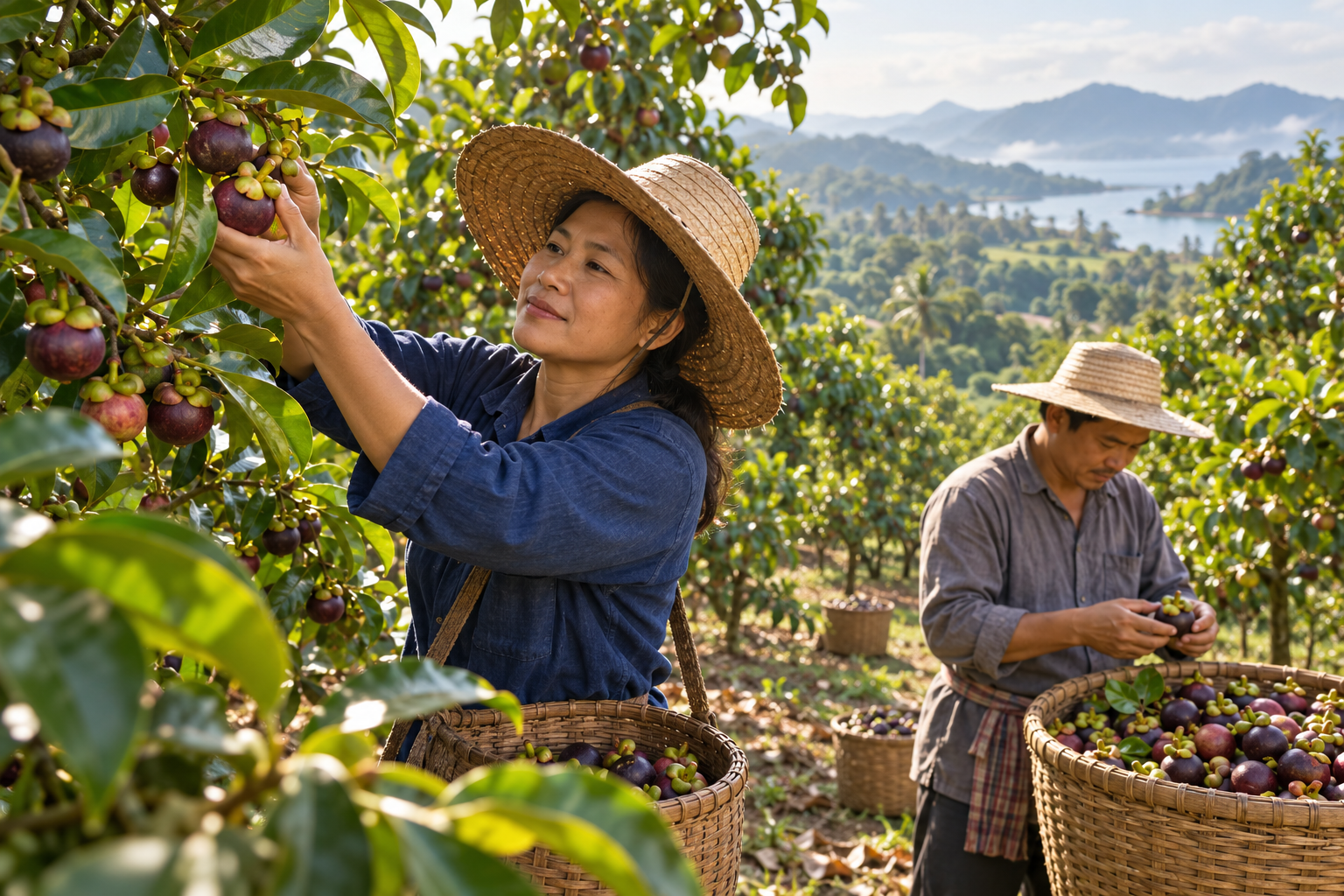 Illustration of orchard workers picking and inspecting mangosteen into baskets