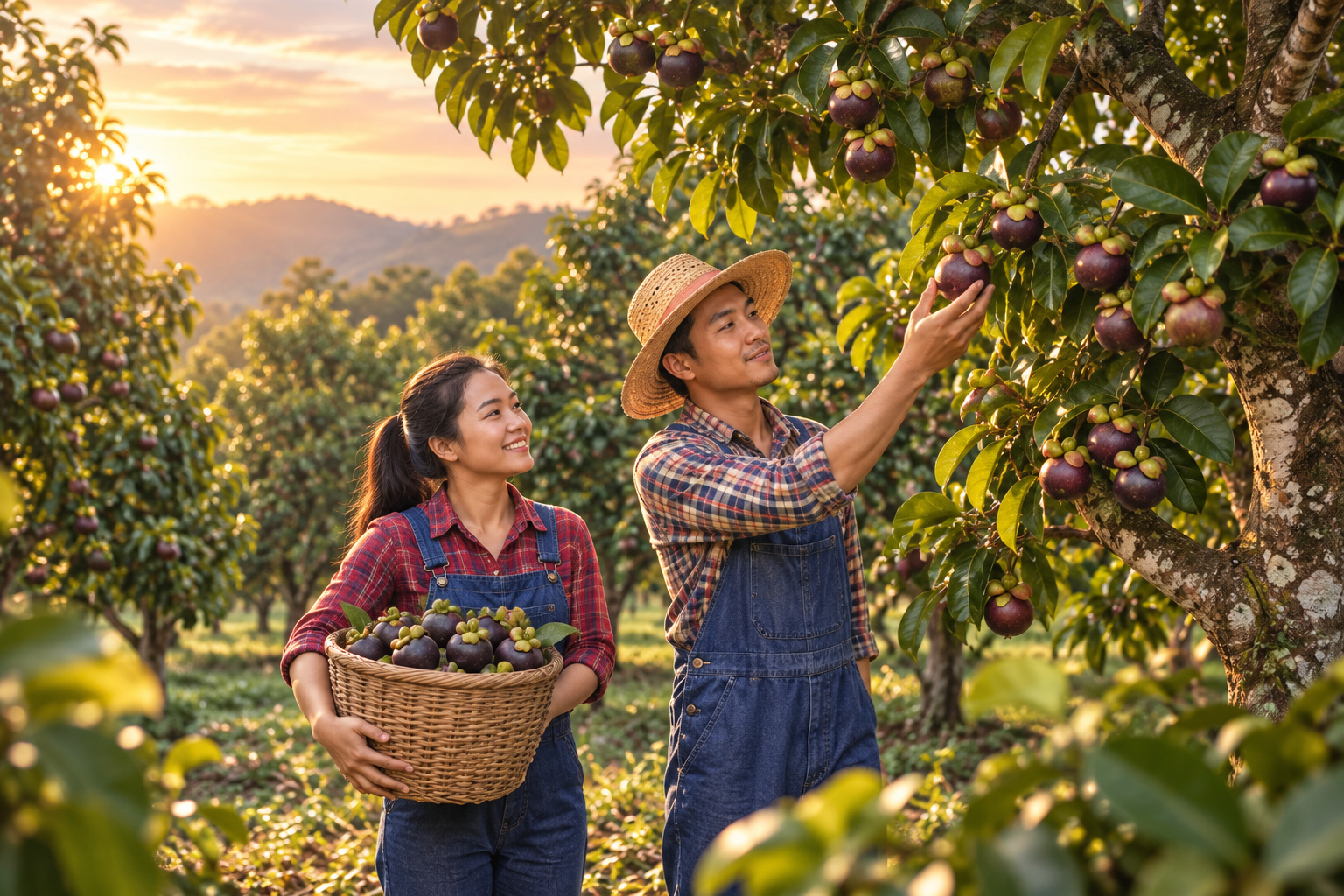 Illustrative farmers selecting mangosteen among the trees