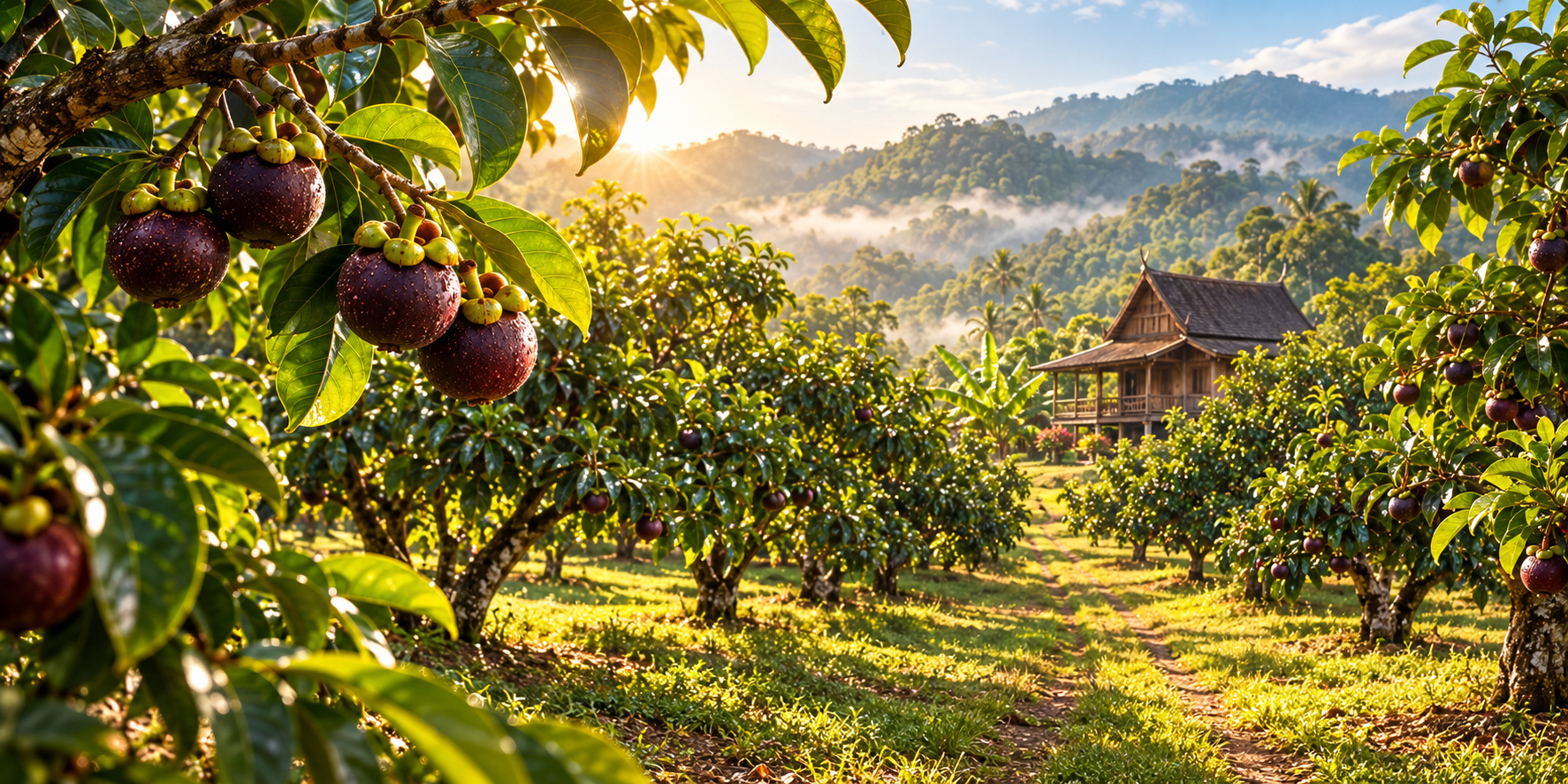 Illustrative mangosteen orchard in warm tropical light