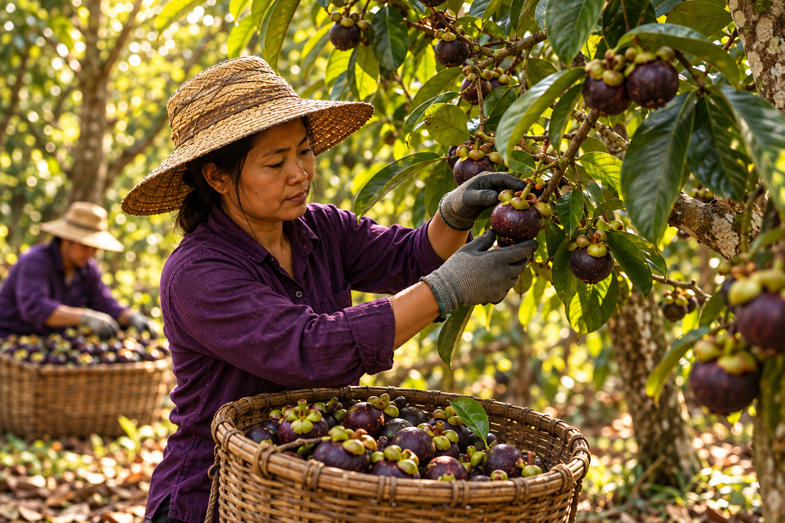 Illustrative worker harvesting mangosteen into a basket