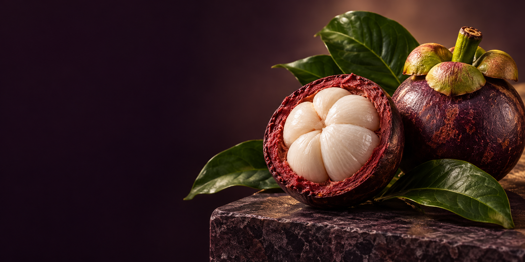 botanical still life of whole and opened mangosteen fruit with green leaves on dark plum stone