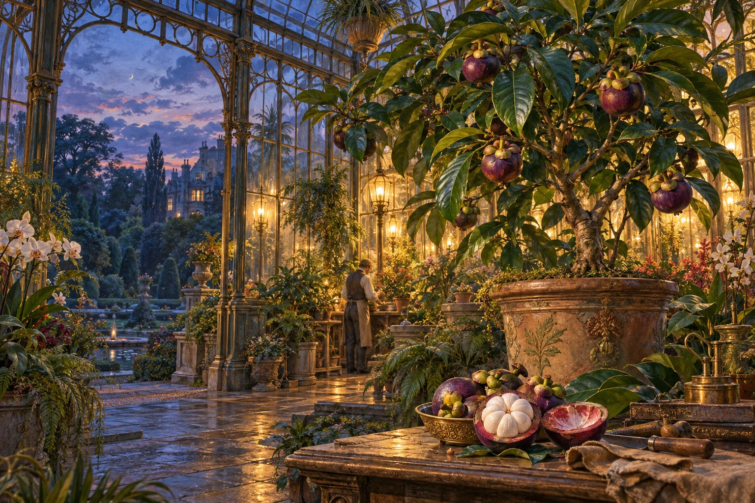 Storybook view of a warm Victorian glasshouse with a fruiting mangosteen tree at twilight