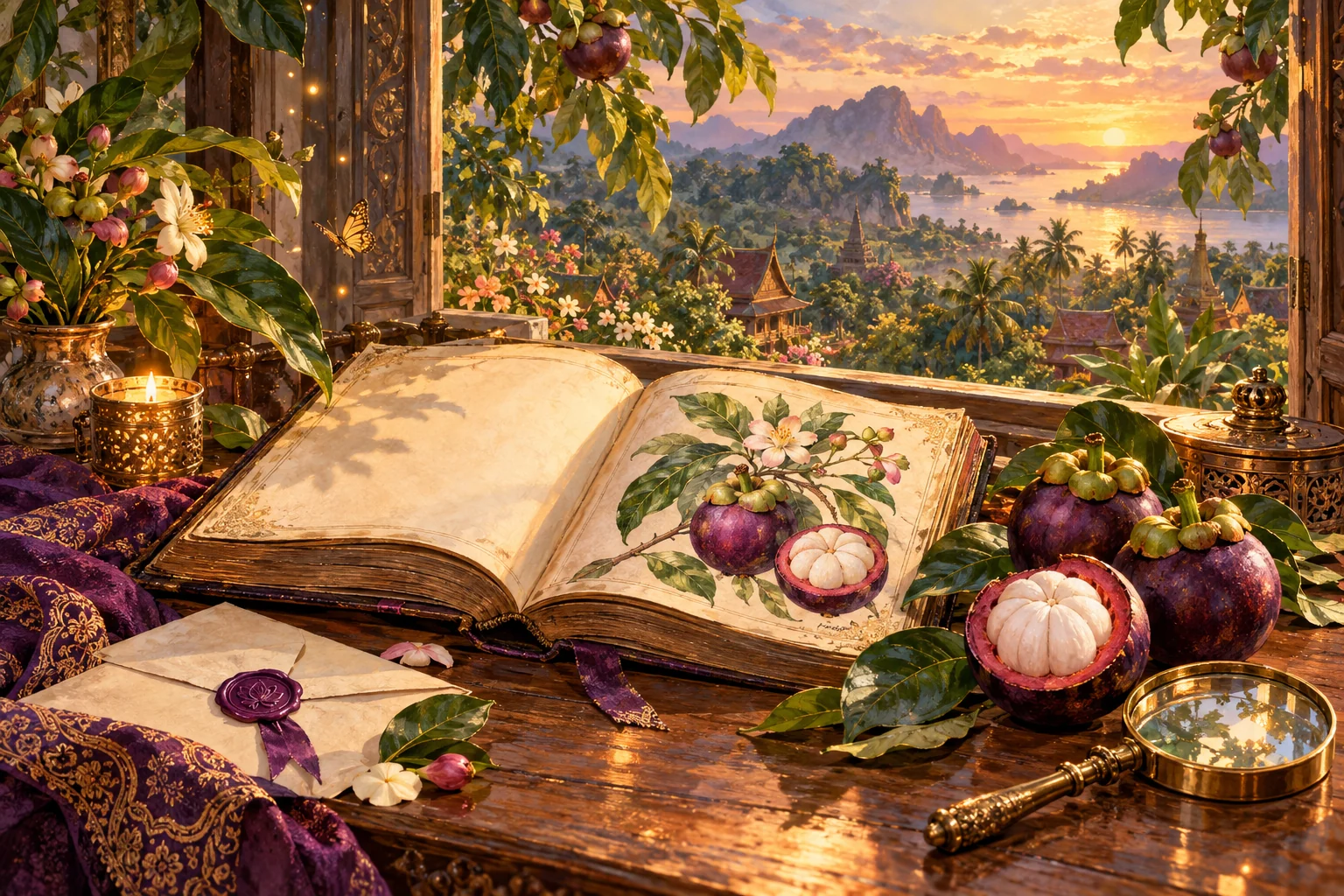 Storybook still life of a botanical book, sealed letter and fresh mangosteens beside an orchard window