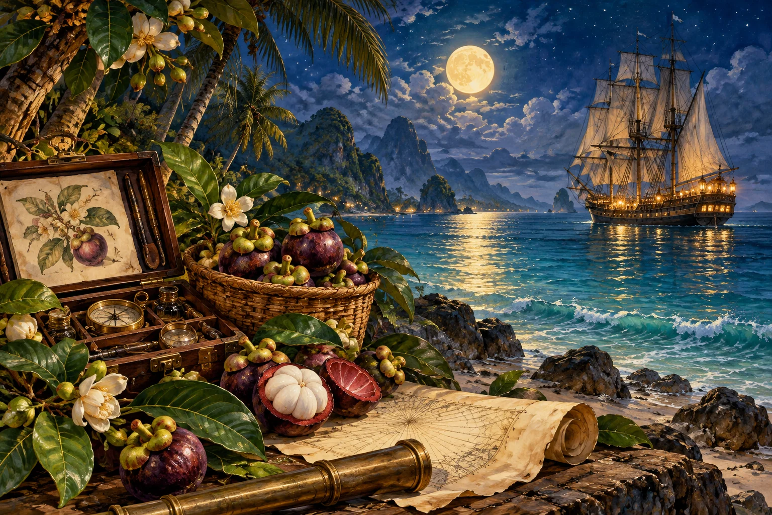 Storybook sailing ship on a moonlit sea, with a botanical traveling case and mangosteen fruit in the foreground