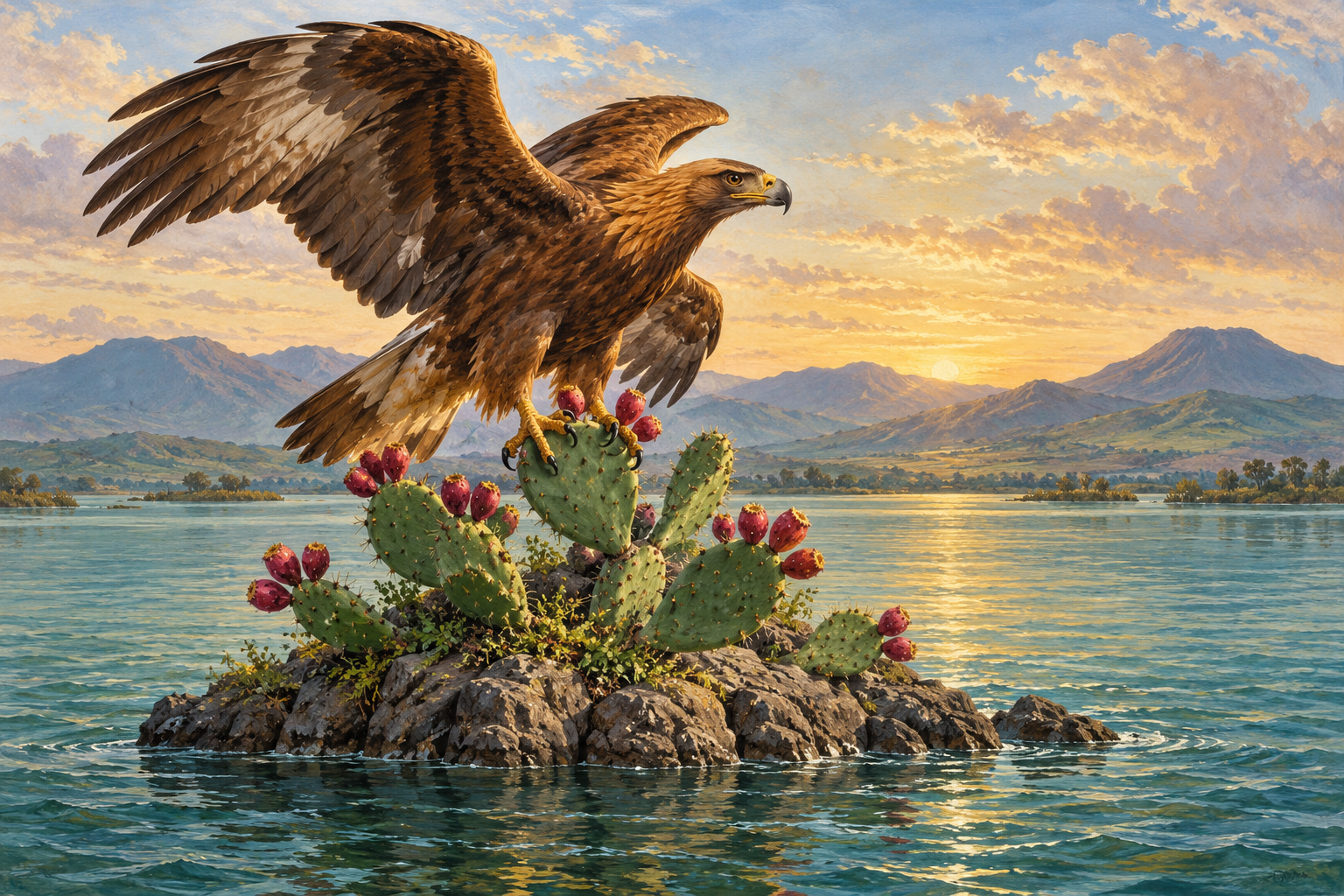 Artist’s interpretation of an eagle on a fruiting Nopal rooted on a rocky island in a lake.