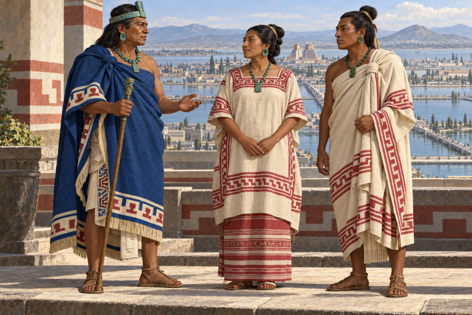 Artist’s interpretation of Mexica elites in formal cotton mantles, a huipil and long skirt, with Tenochtitlan behind them.