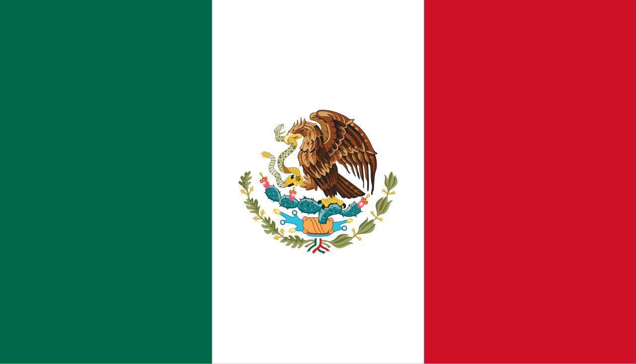 Mexican flag with green, white and red vertical bands and the eagle, serpent and Nopal coat of arms in the center.